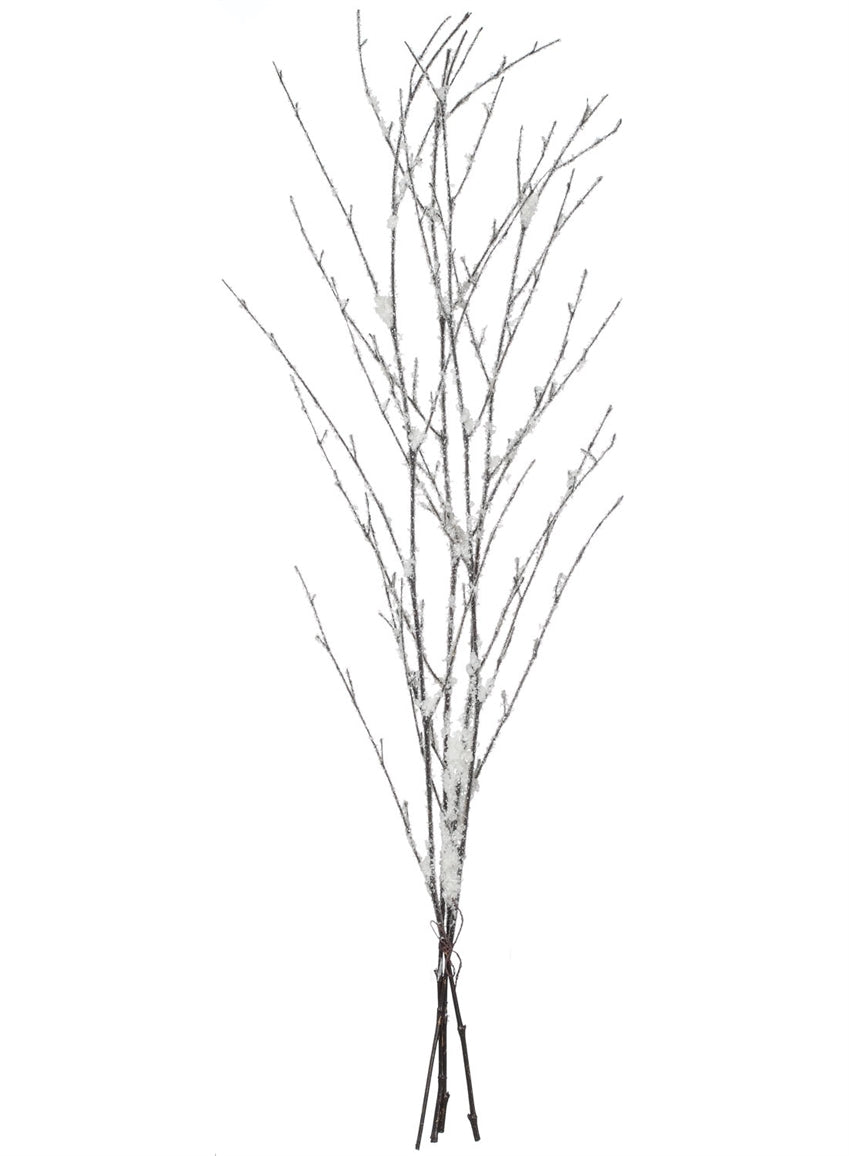 Bundle of dark twigs with white snow accents, tied together at the base.