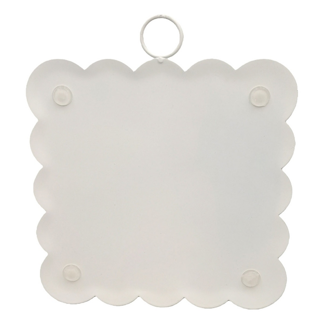 Back view of a white scalloped metal hanging art piece with a top loop and four protective pads.