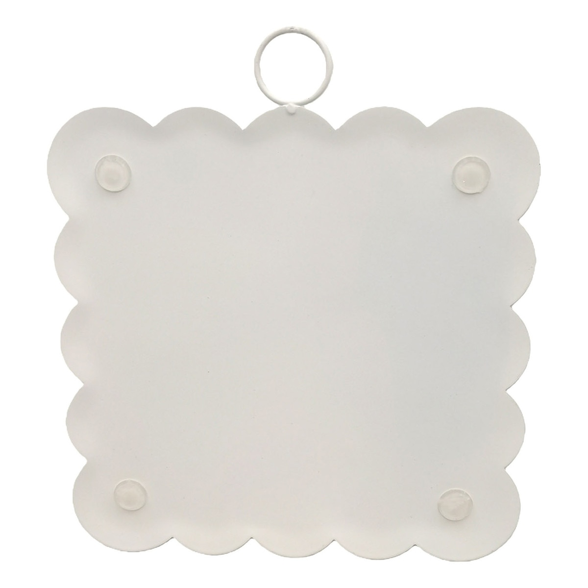 Back view of a white scalloped metal hanging art piece with a top loop and four protective pads.