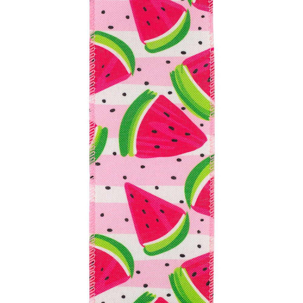 Linen wired edge trim in watermelon slices print with a scalloped silhouette.