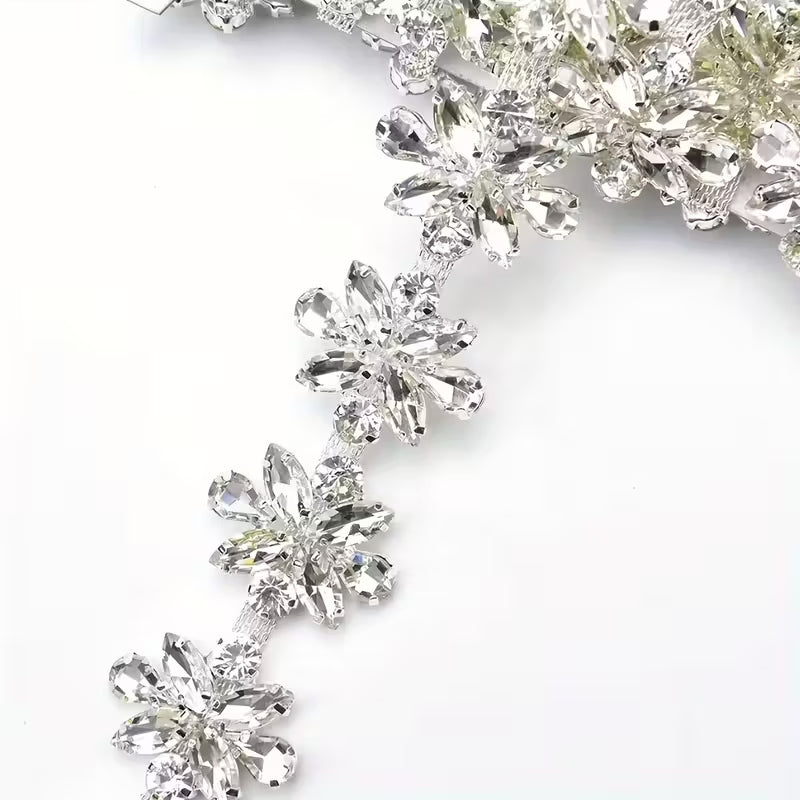 One yard sparkling rhinestone flower trim featuring elegant crystal lace with a floral pattern.