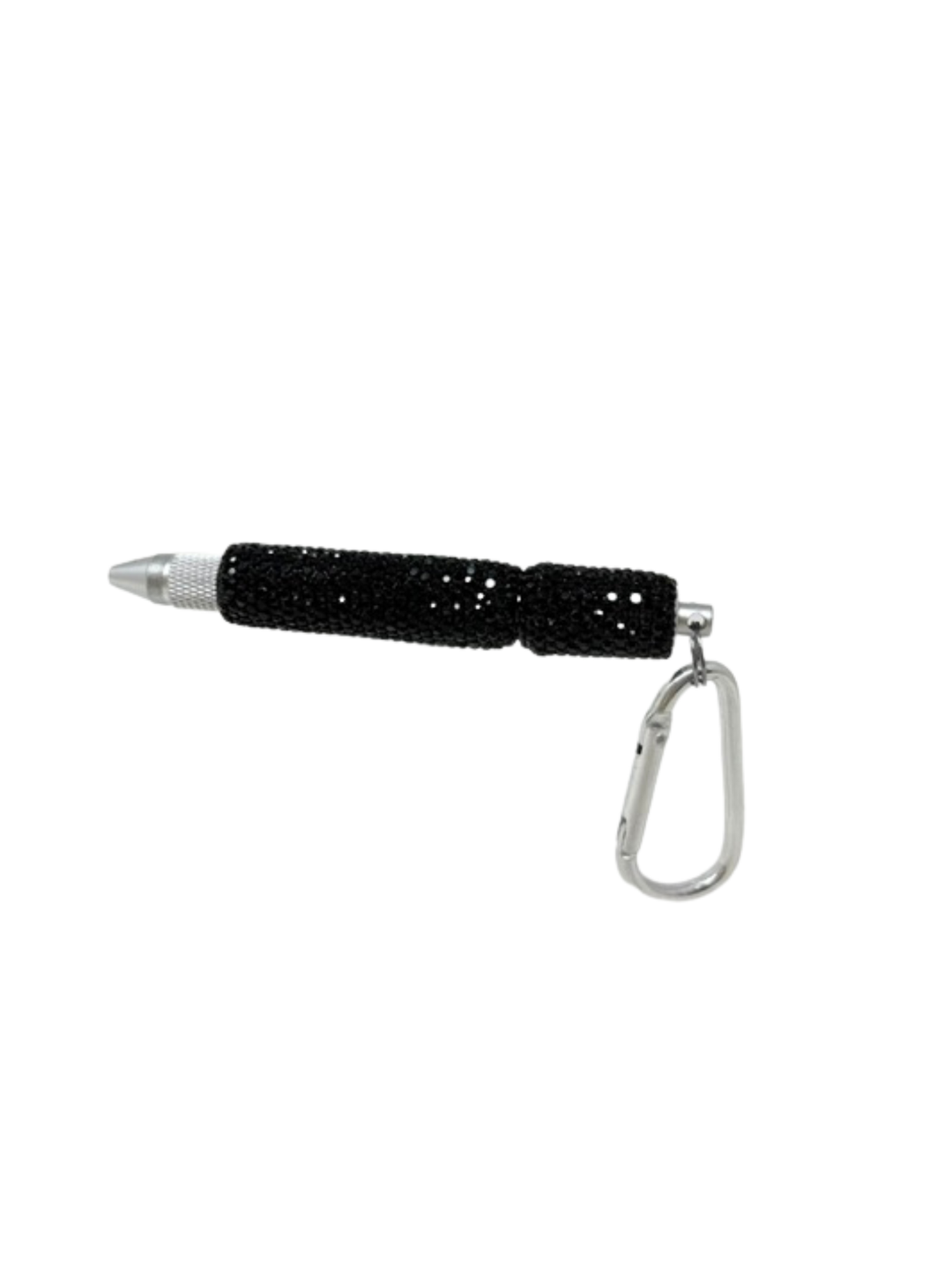 Black rhinestone-covered multi-functional keychain tool with a silver carabiner clip.