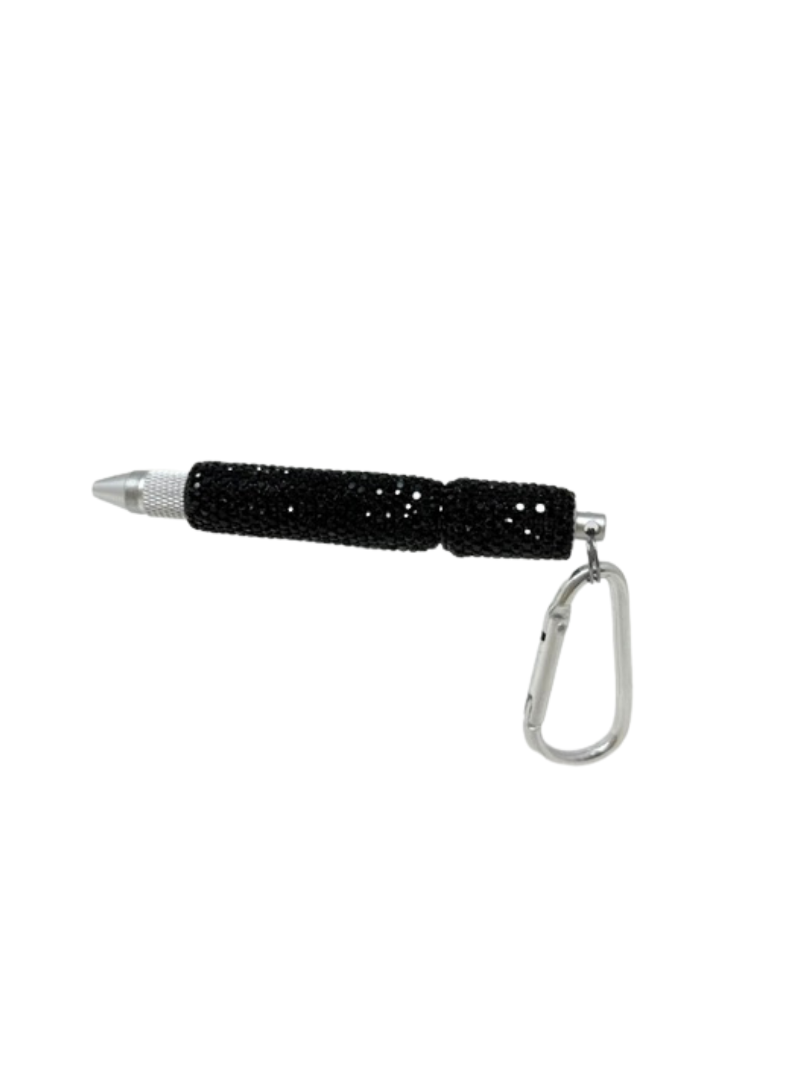 Black rhinestone-covered multi-functional keychain tool with a silver carabiner clip.