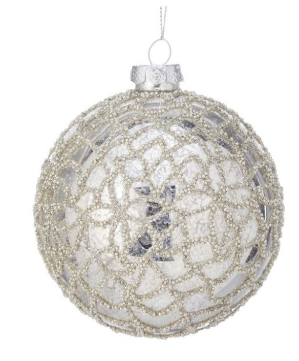 Four-inch glass mercury crystal ball ornament with a reflective silver interior.