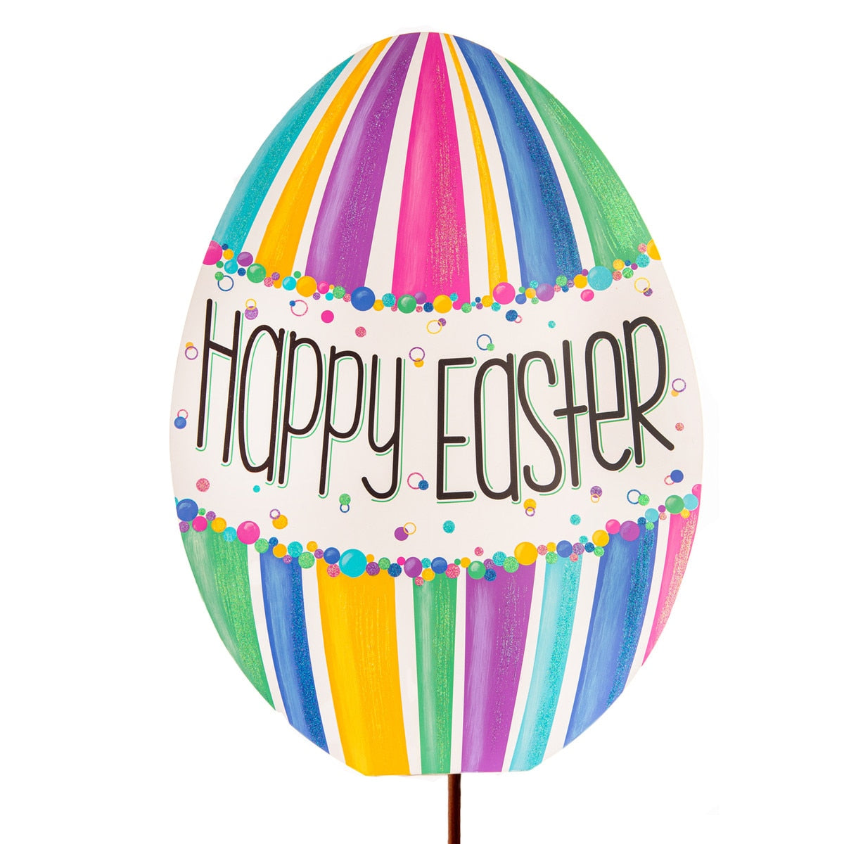 Colorful Happy Easter egg yard stake with floral patterns in red, yellow, blue, and green.