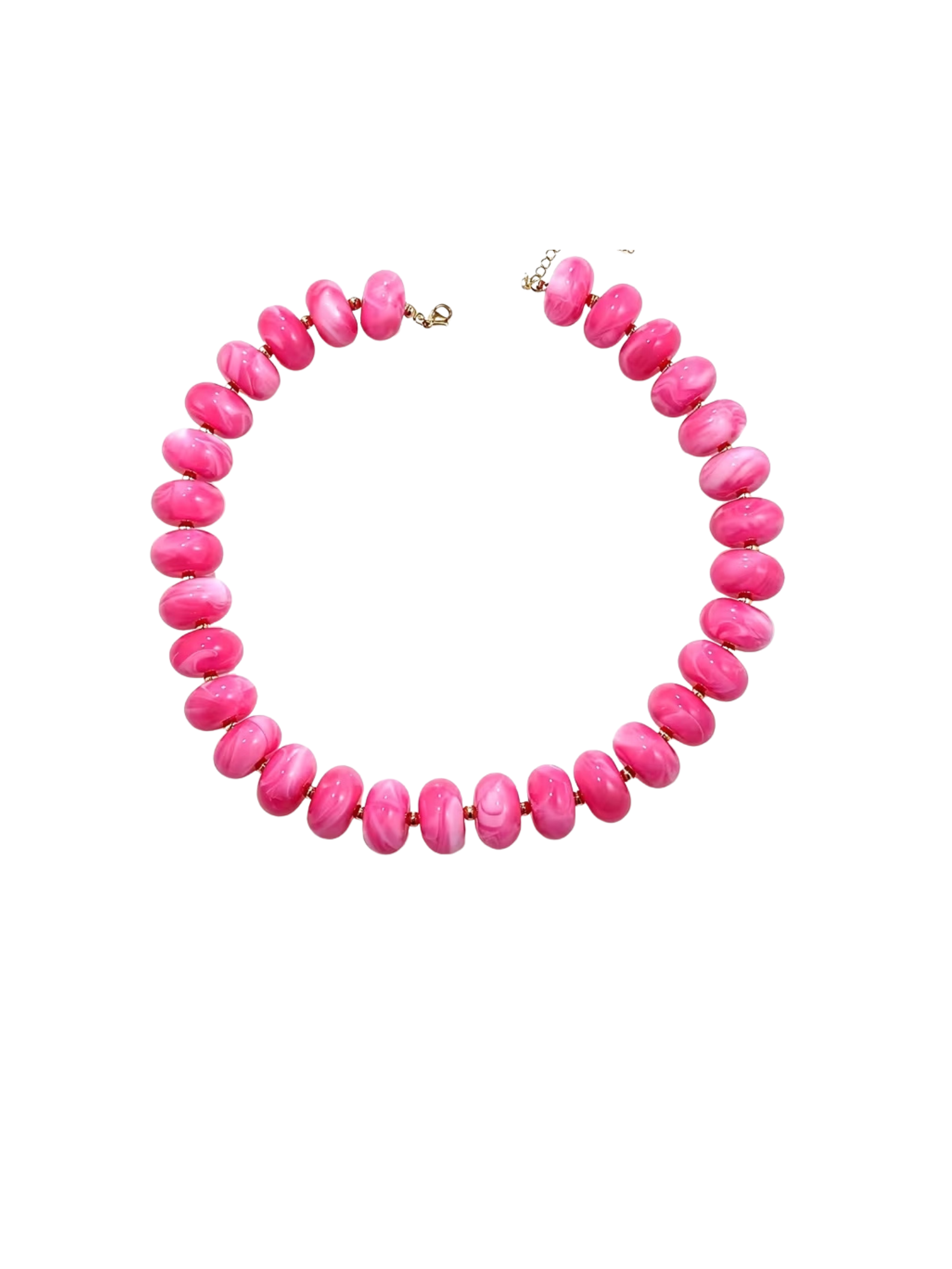 Gradient pink marbled beaded necklace with polished oval beads and gold-tone spacers.