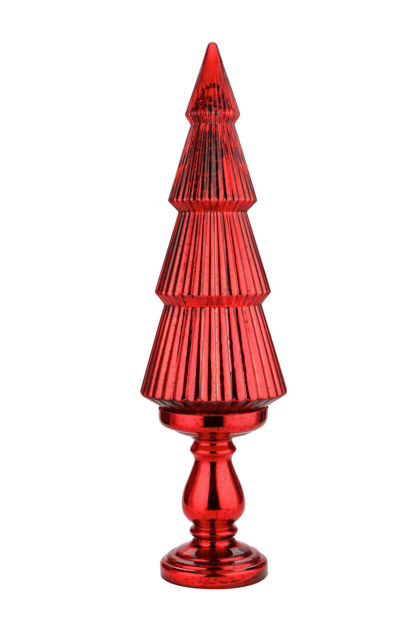Red mercury glass Christmas tree with a ribbed texture on a matching pedestal base.