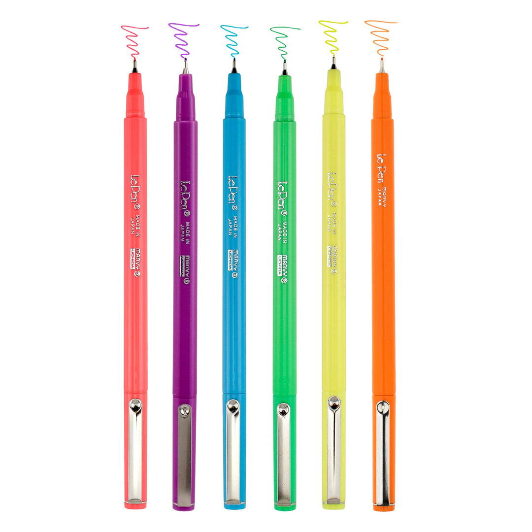 Neon Le Pen fine point markers with micro-fine plastic tips in assorted neon colors.