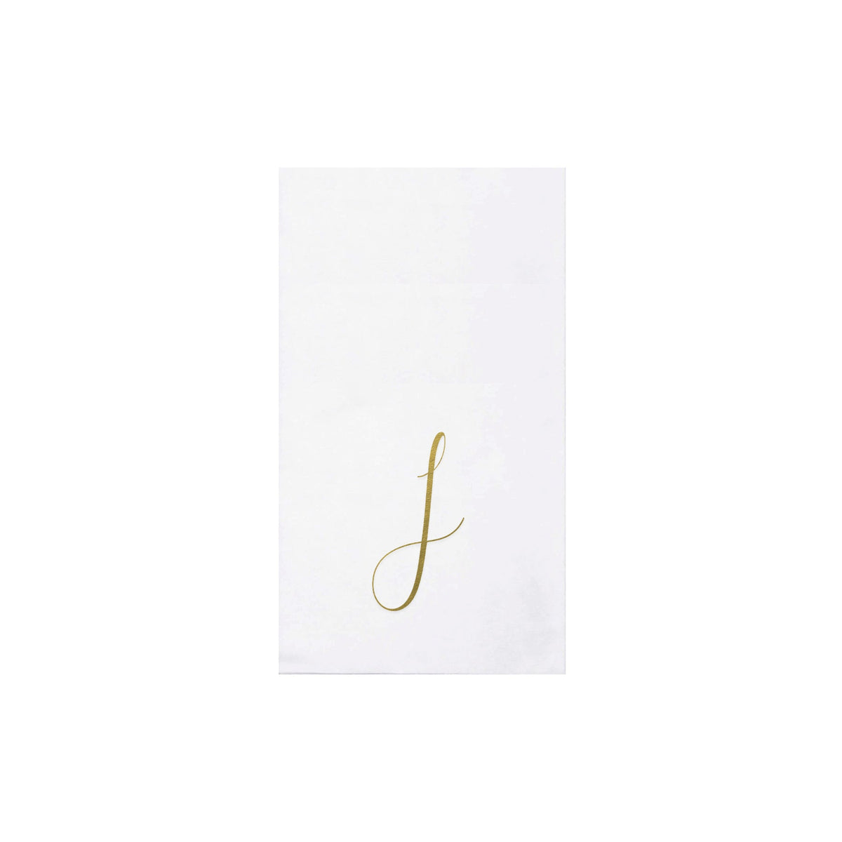 White Papersoft guest towel napkin featuring a gold script monogram letter J.
