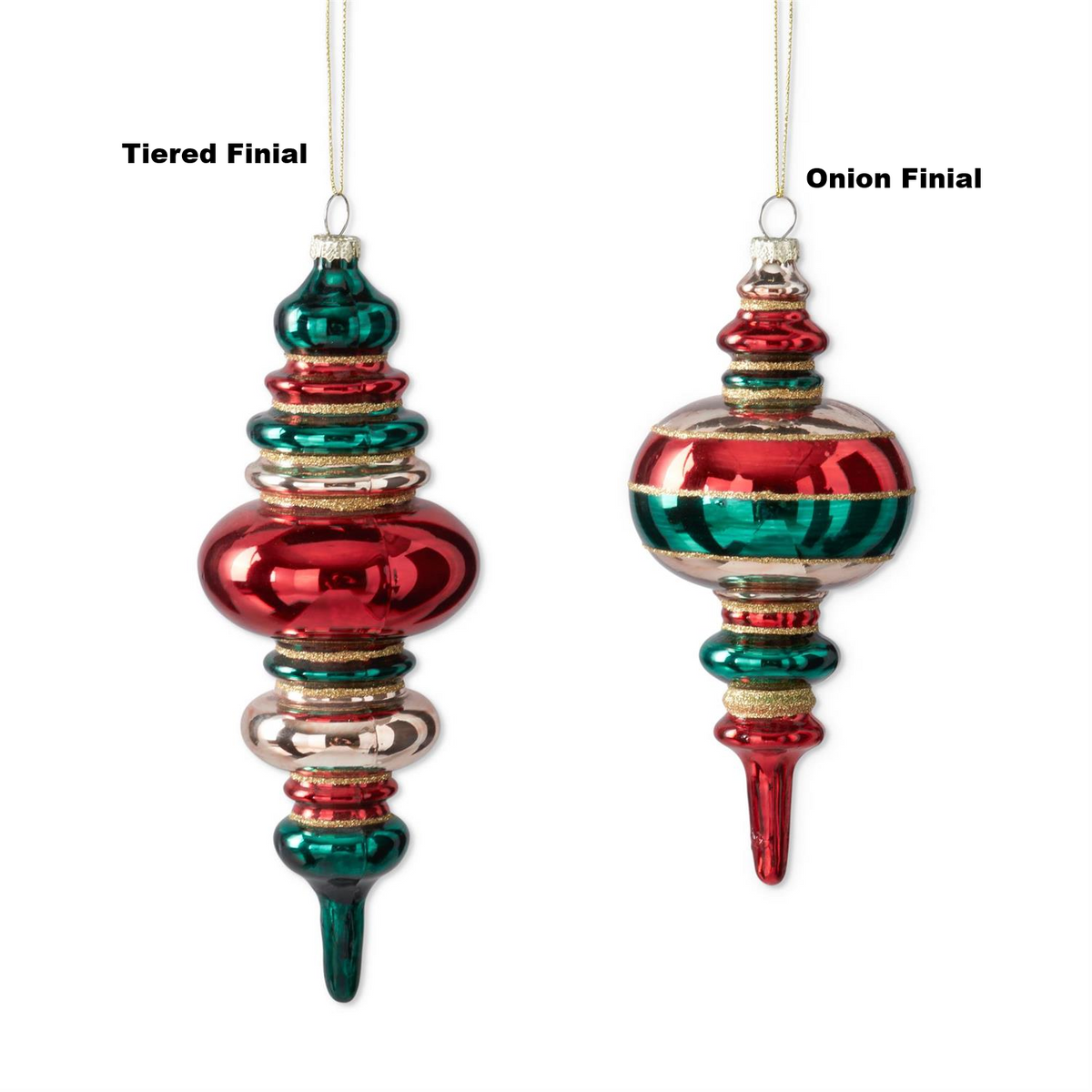 Red, gold, and green glass finial ornaments in tiered and onion shapes with glitter accents.