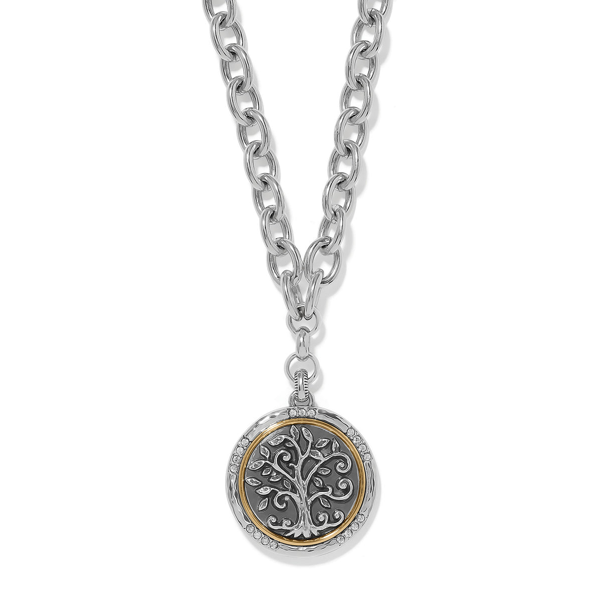 Interlok Tree of Life necklace with a silver chain and a round two-tone tree pendant.