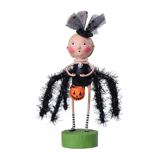 Black plastic figurine of a female superhero in black bodysuit with red web patterns and flowing hair.