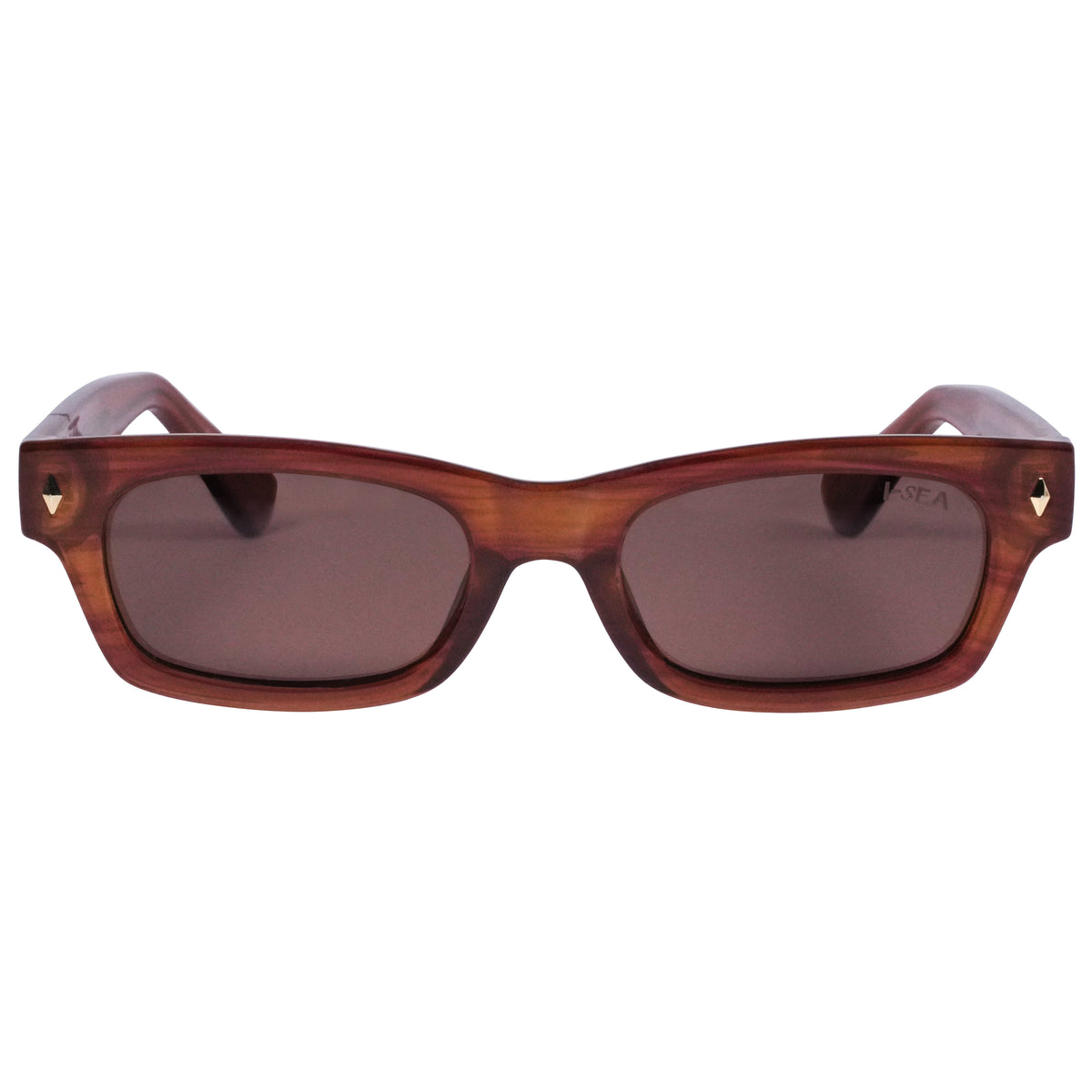 Flynn rectangular sunglasses with a tort frame and brown polarized lenses.