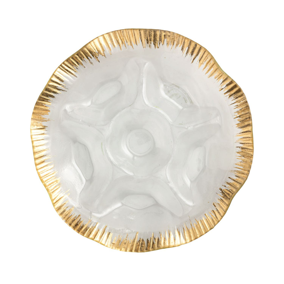 Round glass section platter with a ruffled gold-painted edge and five molded compartments.