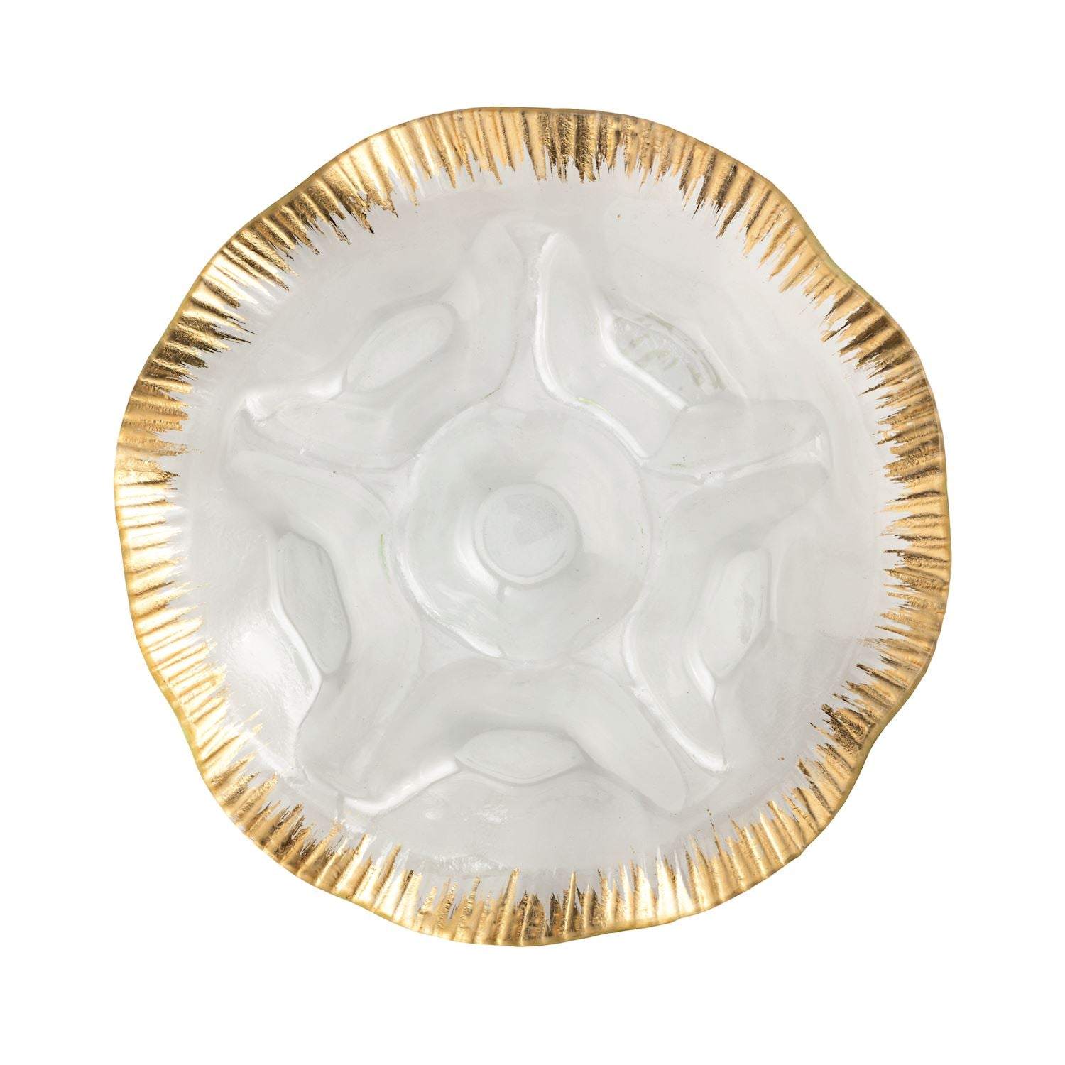Round glass section platter with a ruffled gold-painted edge and five molded compartments.