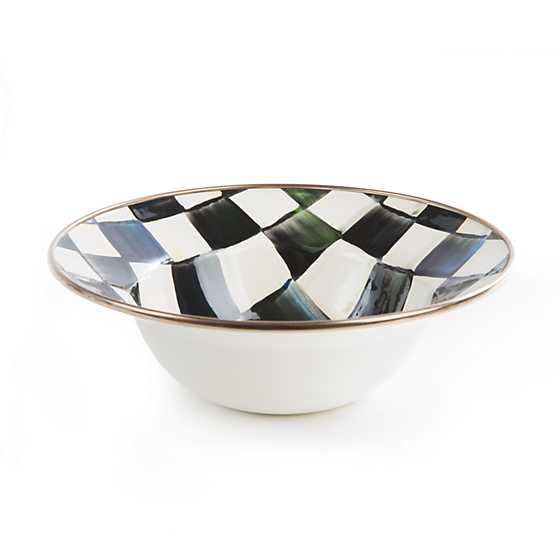 Courtly Check Enamel Breakfast Bowl with hand-painted black and white checks and a bronzed rim.