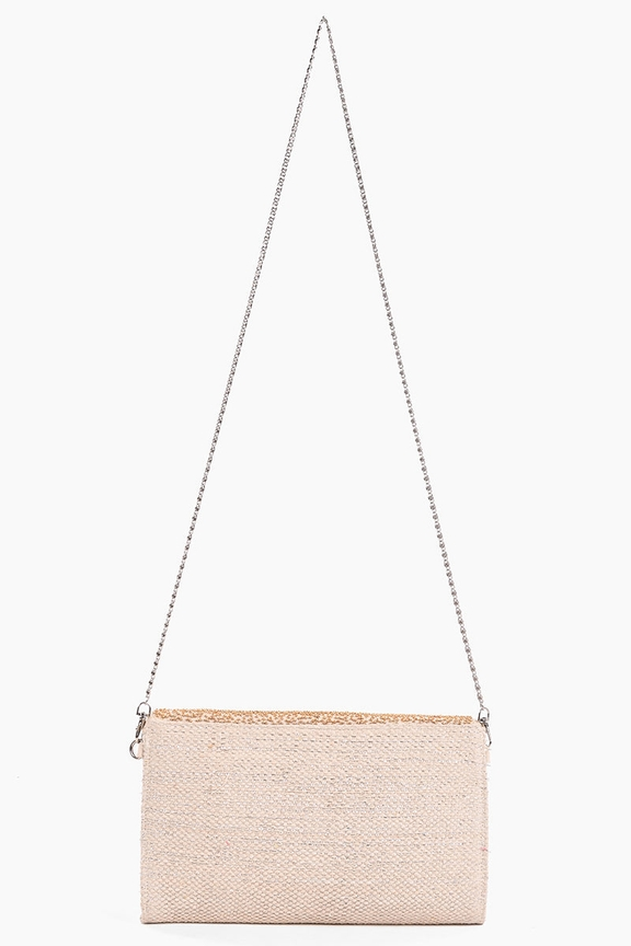 Golden Glam Hand Beaded Clutch with a long silver chain strap against a white background.