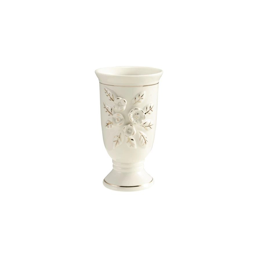 White footed vase with gold electroplated accents featuring a three-dimensional floral pattern.