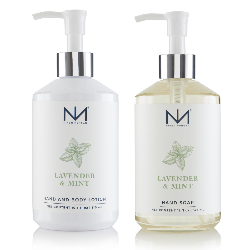 Lavender & Mint hand soap and lotion set in a white sheer cotton drawstring bag.