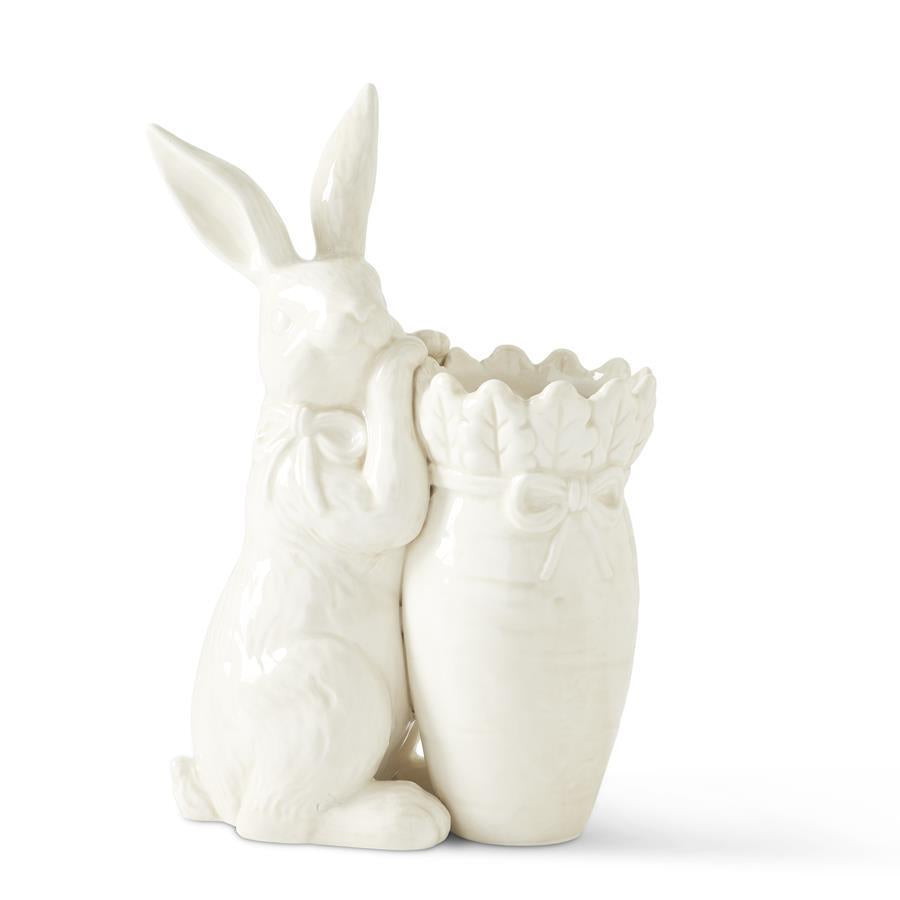 9-inch antiqued white dolomite carrot vase with rabbit motif