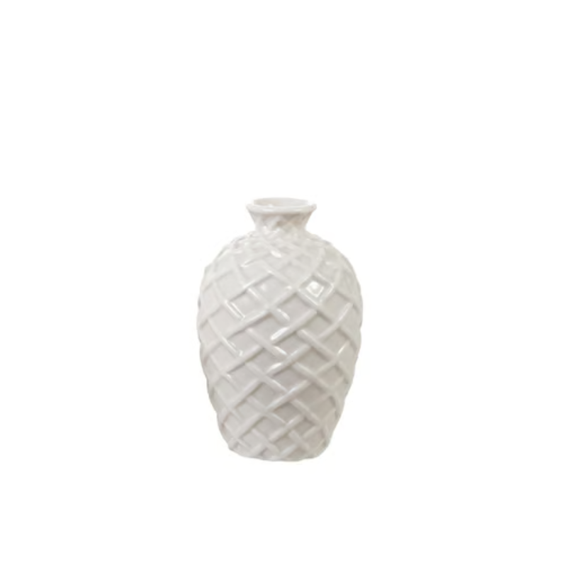 Small white stoneware vase with a raised lattice basket weave texture and narrow neck.