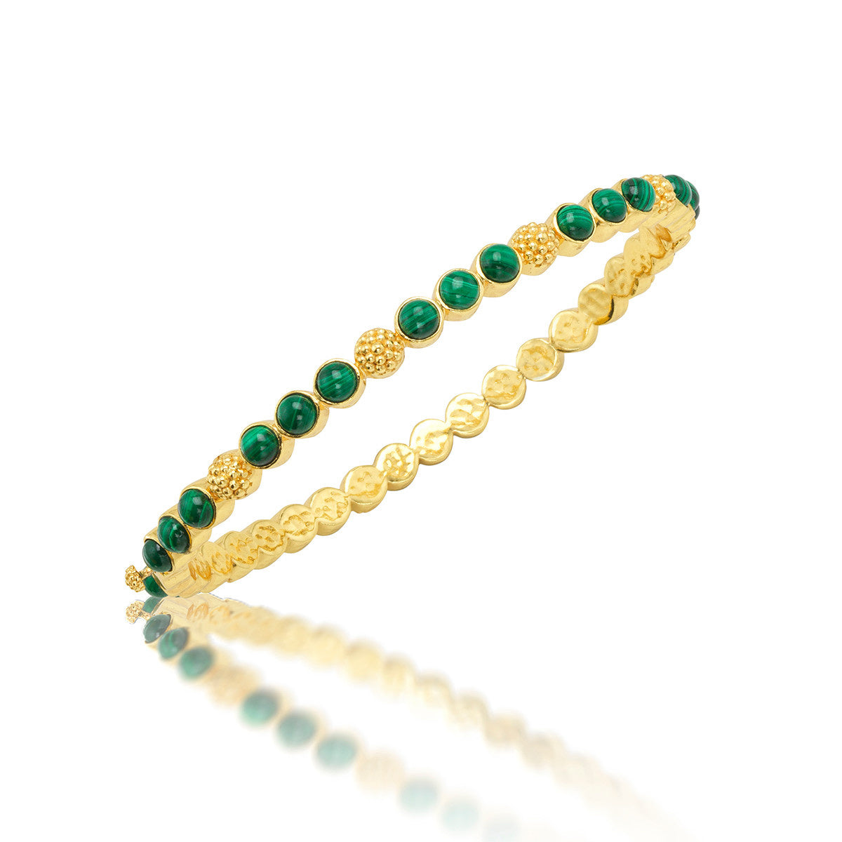 Hinged bangle bracelet featuring three green malachite stones with golden berry accents.