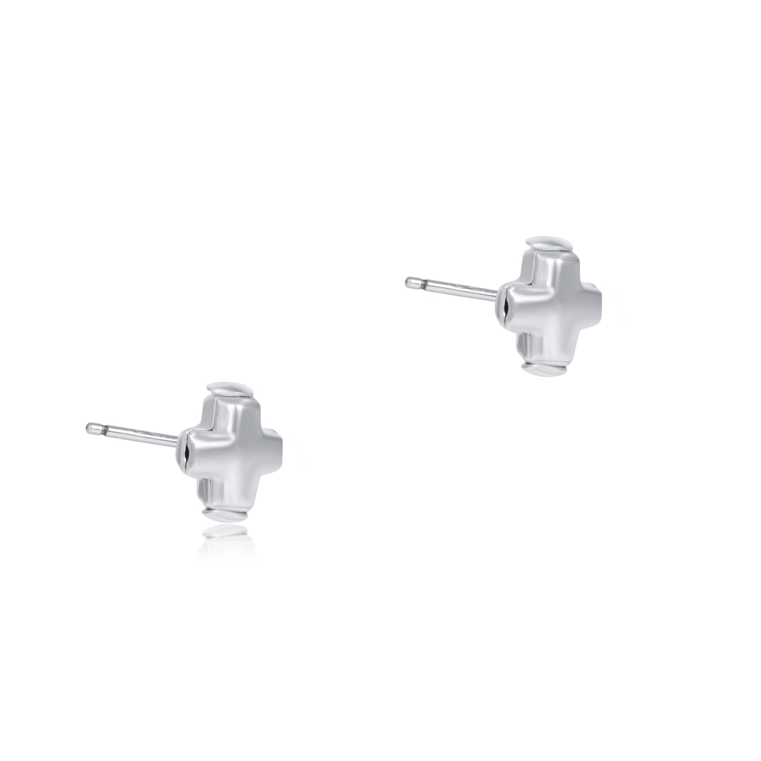Sterling silver small cross stud earring with a polished finish.