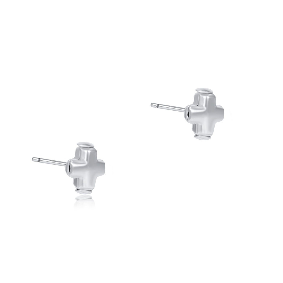 Sterling silver small cross stud earring with a polished finish.
