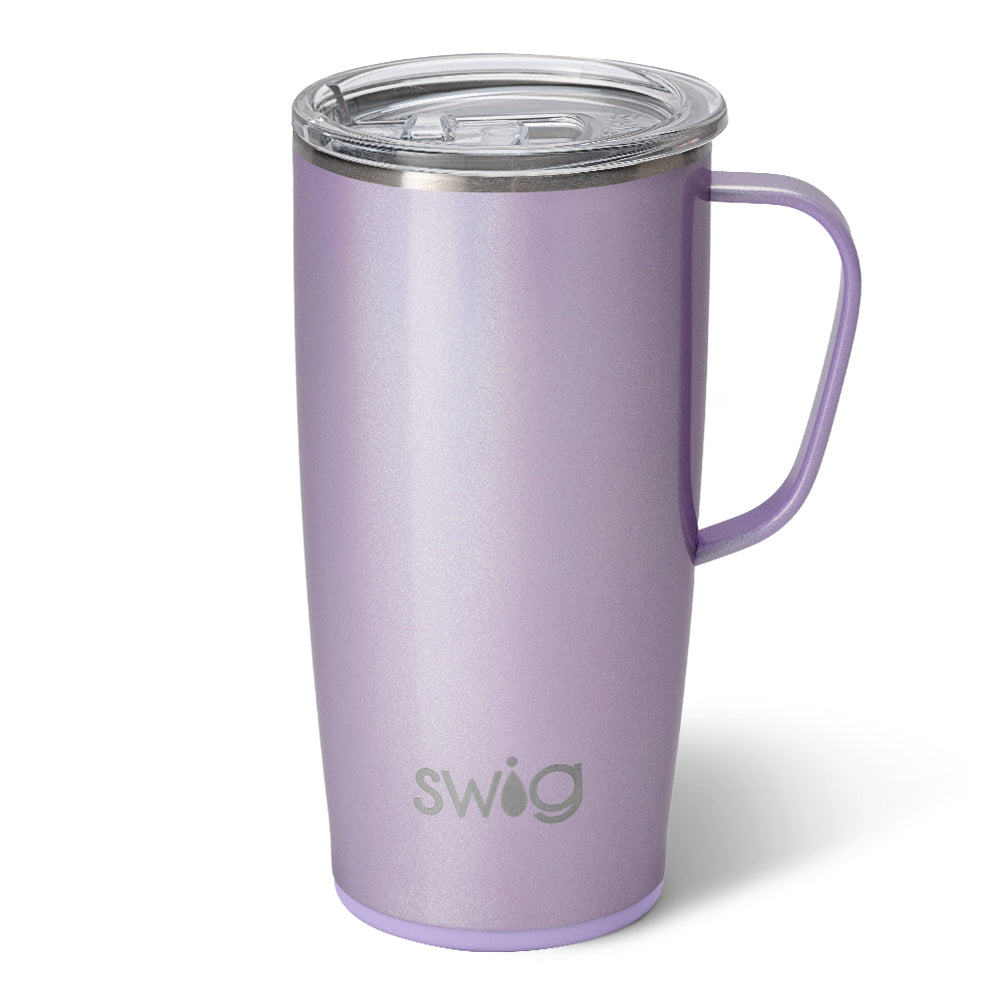 Silver stainless steel travel mug with a slim metal handle and removable lid slider.