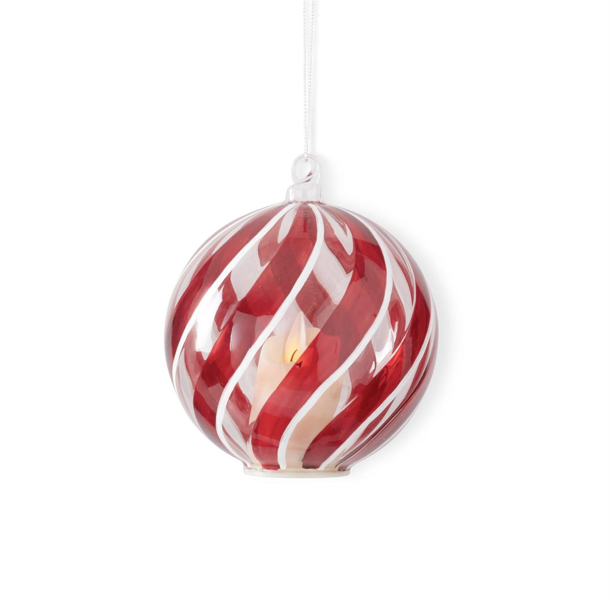 Red and clear glass swirled ornaments with a festive spiral pattern.