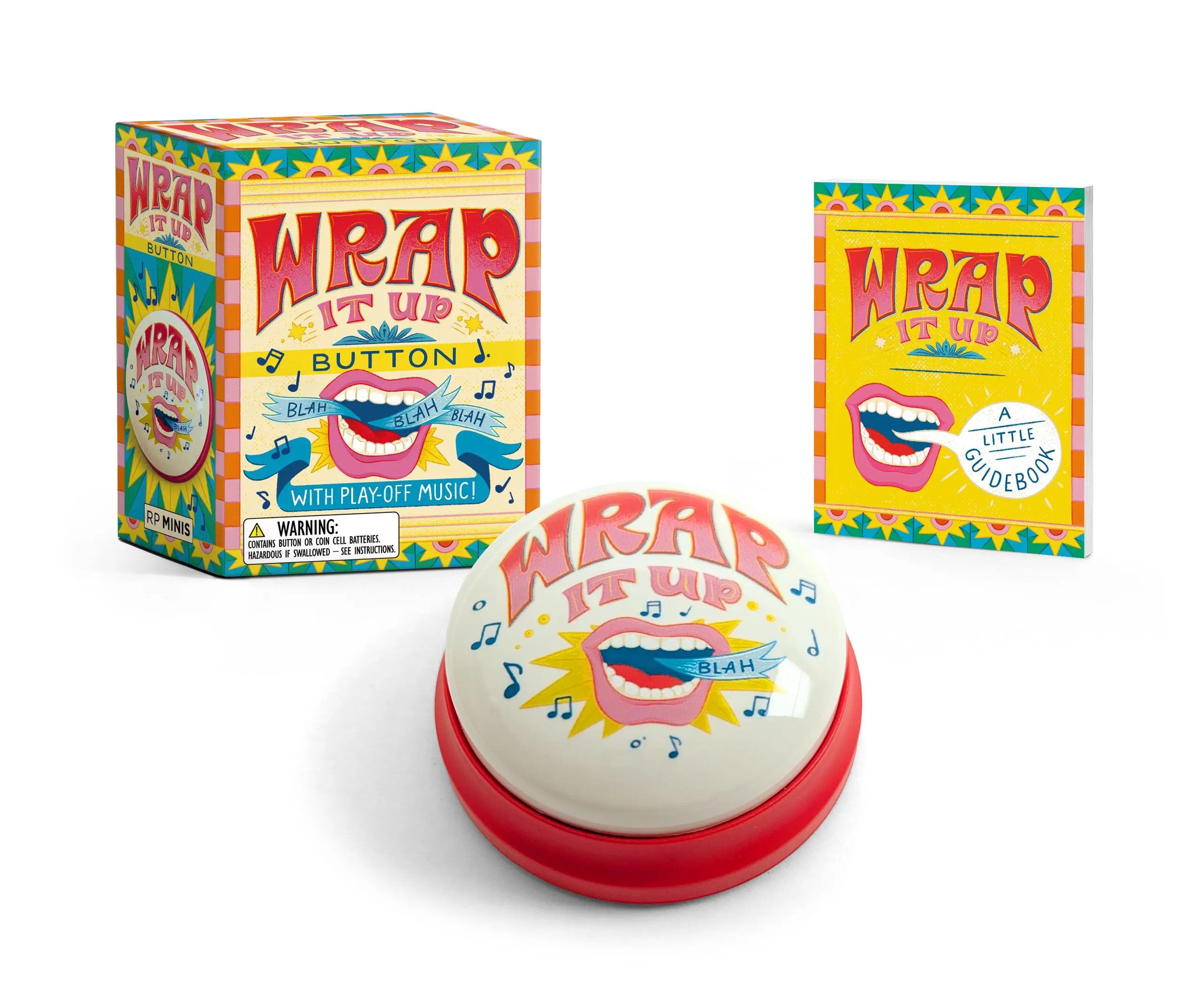 Wrap It Up Button kit with a red buzzer, illustrated box, and guidebook featuring a mouth graphic.