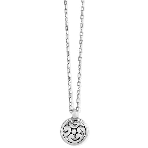 Silver plated Contempo Medallion Petite Necklace with a circular scrollwork pendant on a link chain.