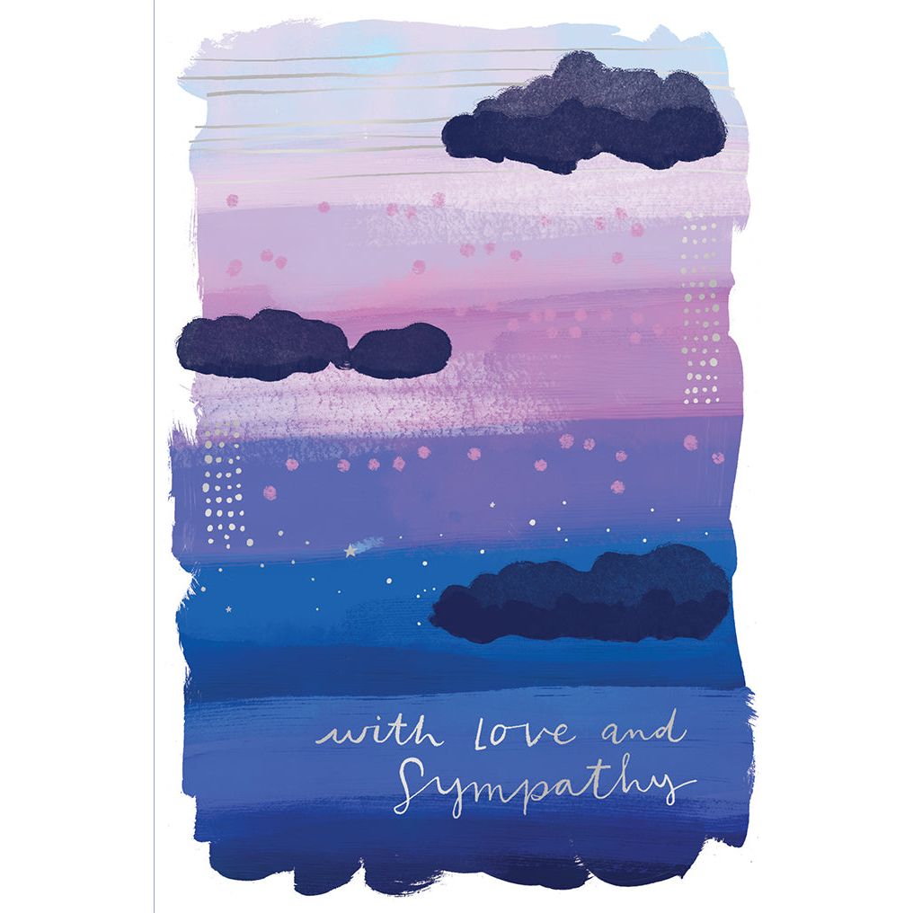 Sympathy card with foil clouds on white background featuring text wishing peace.