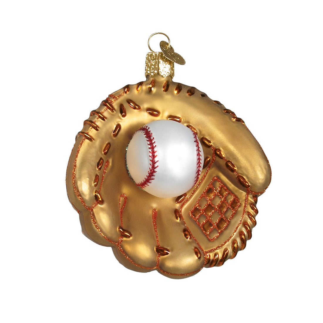 Gold glass baseball mitt ornament with a white baseball and red stitching.