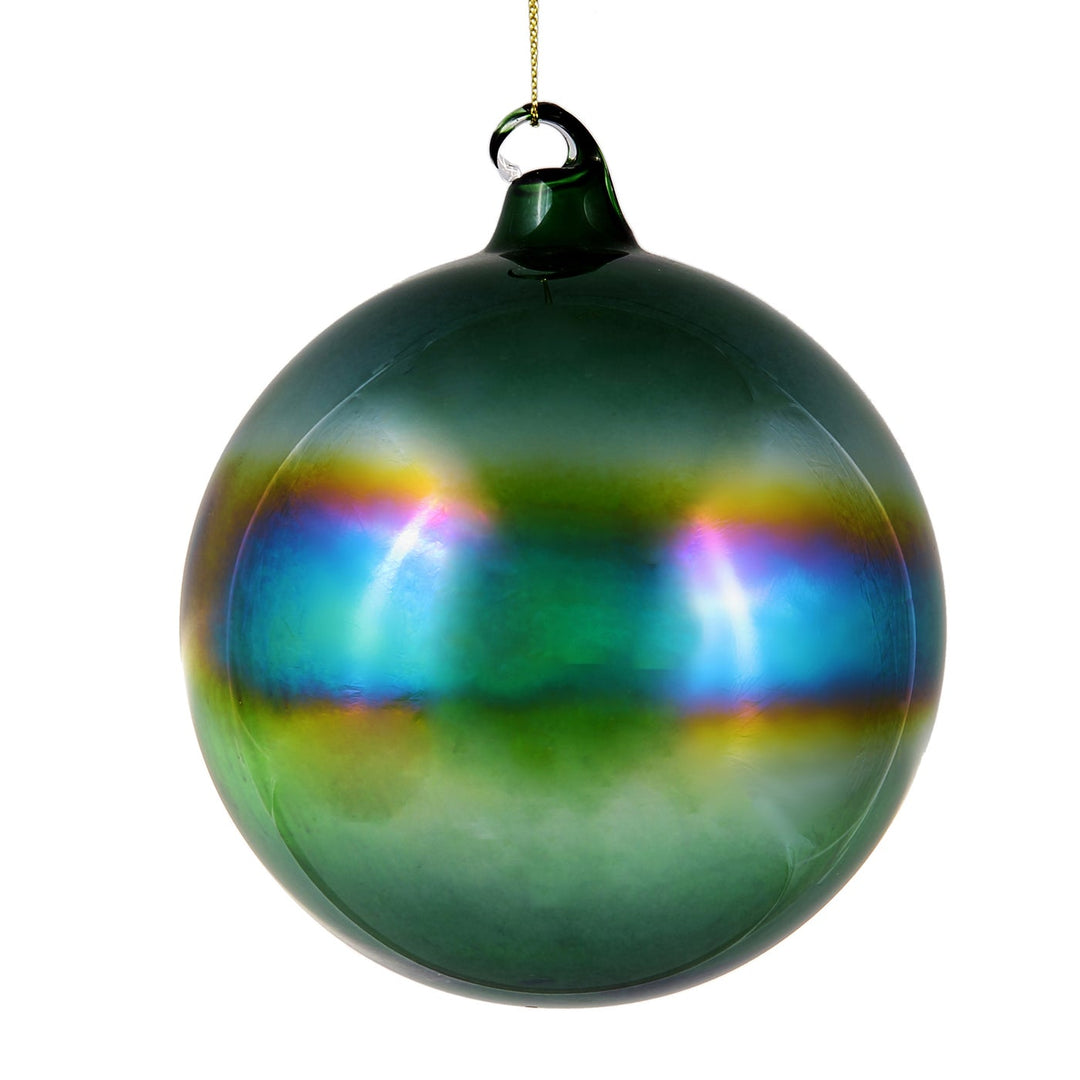 120mm green glass bottle ball ornament with an iridescent rainbow band and a hanging loop.