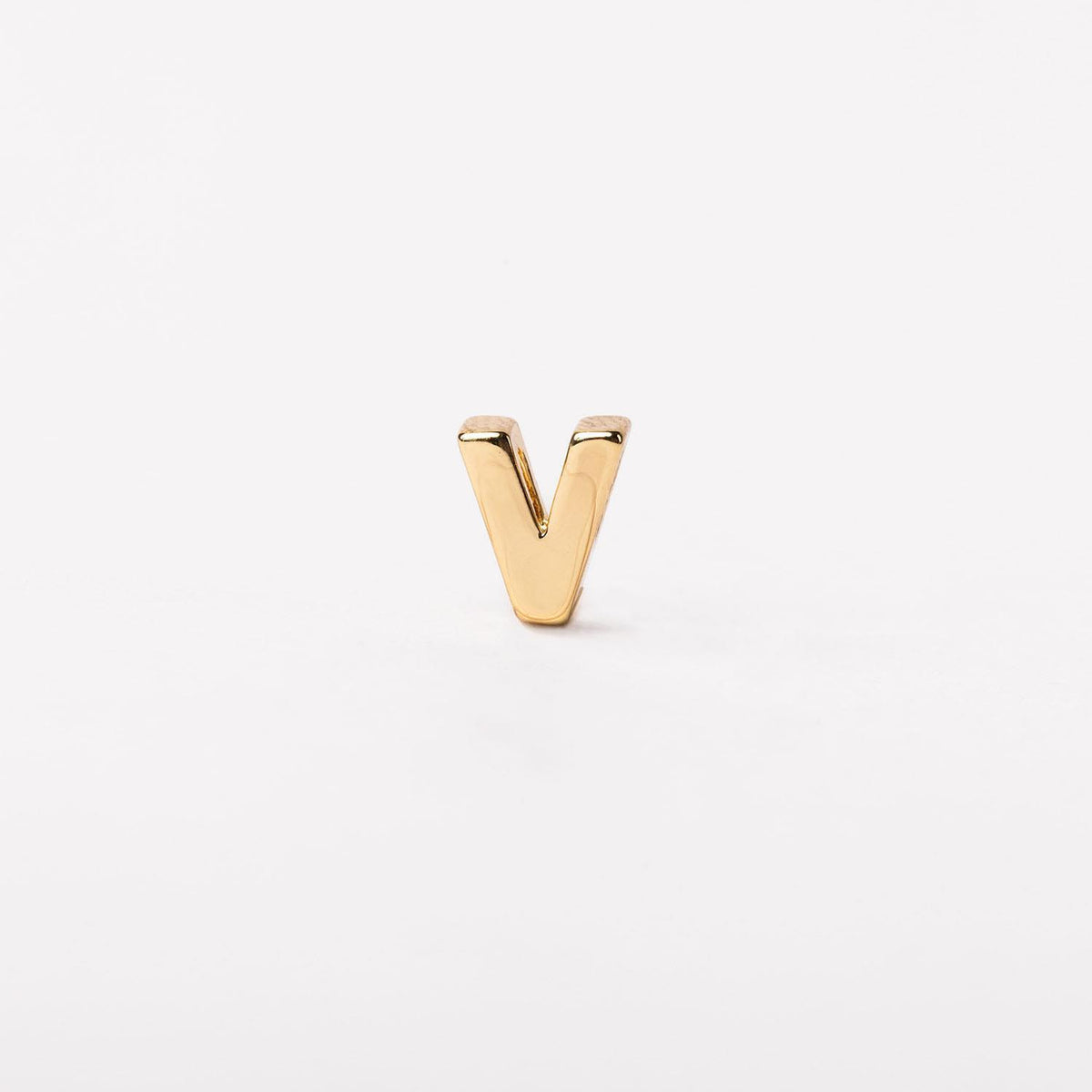 Gold-toned letter V charm with a polished finish on a plain white background.
