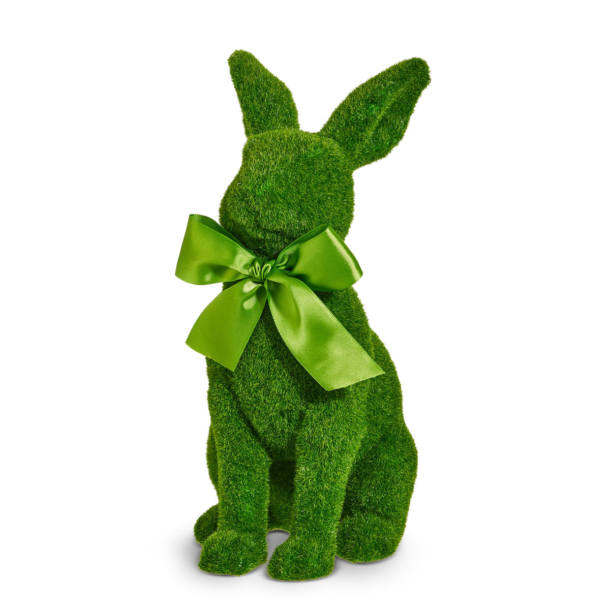 A 12-inch tall moss rabbit figurine with a green flocking finish and white silhouette.