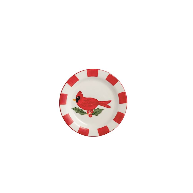 Ceramic tidbit plate with a red cardinal on holly leaves and a red striped border.