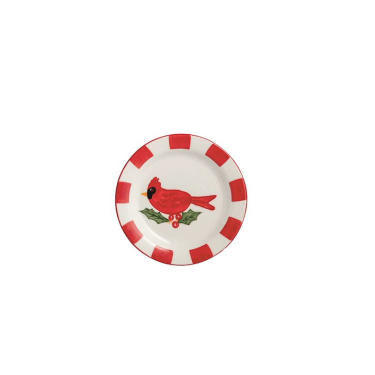 Ceramic tidbit plate with a red cardinal on holly leaves and a red striped border.