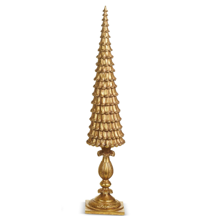 Gold pinecone tree tabletop statue on an ornate pedestal base.