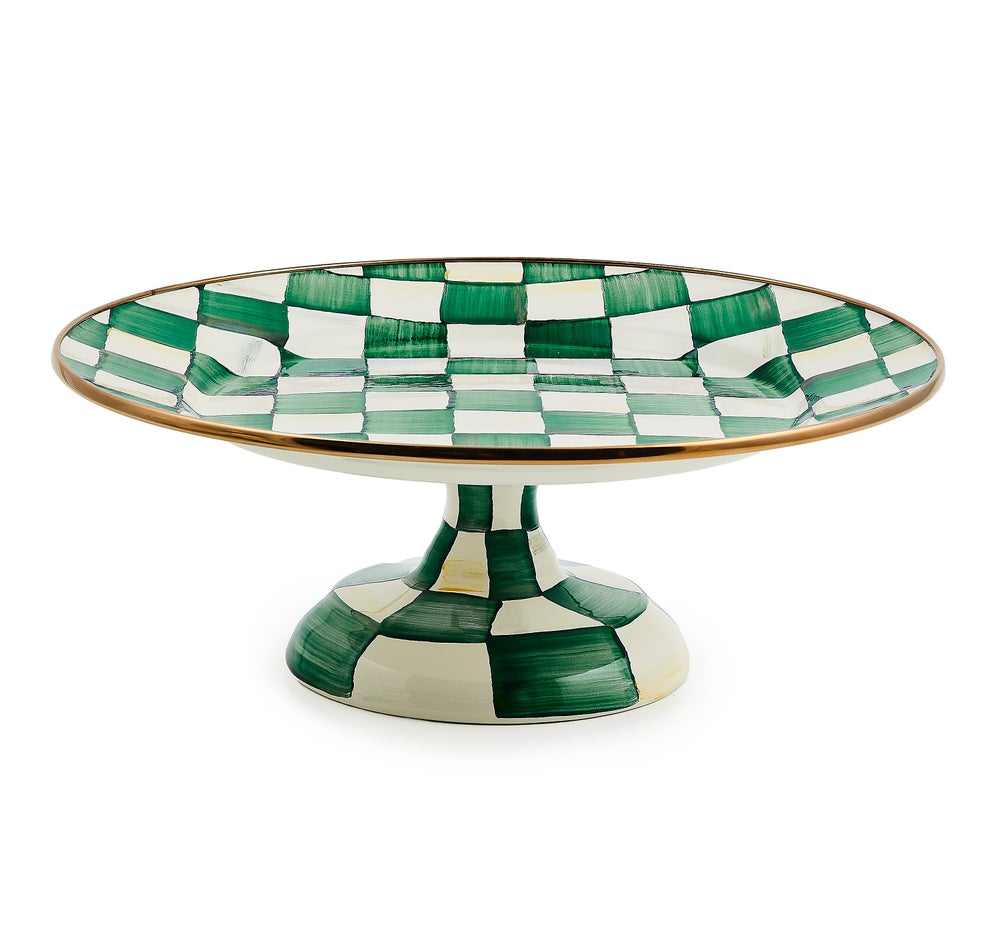 Emerald Check Small Pedestal Platter with hand-painted green and white checks and a bronze rim.