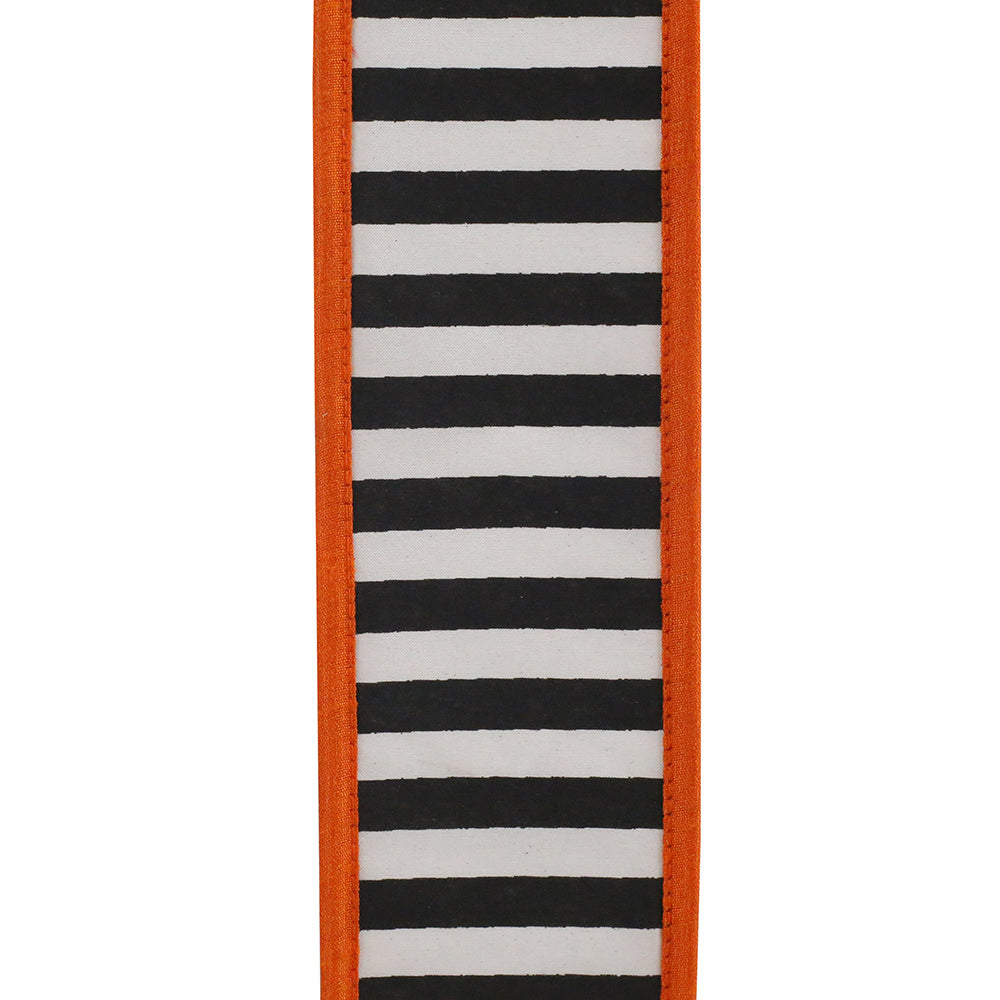 2.5 inch black and white railroad striped ribbon with a heavy wired orange folded edge.