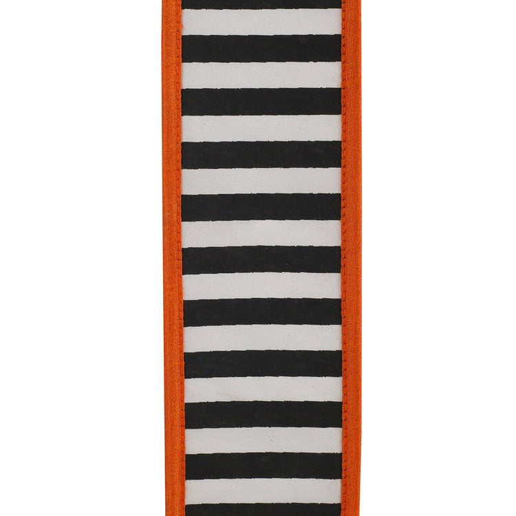 2.5 inch black and white railroad striped ribbon with a heavy wired orange folded edge.