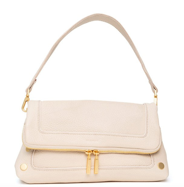 Beverly Med catamaran cream handbag with short strap, leather credit card slot, and red cotton twill lining.