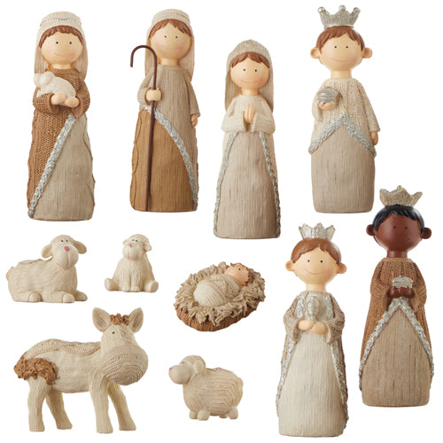 8.75-inch resin nativity figurine with faux knit texture in natural tones.