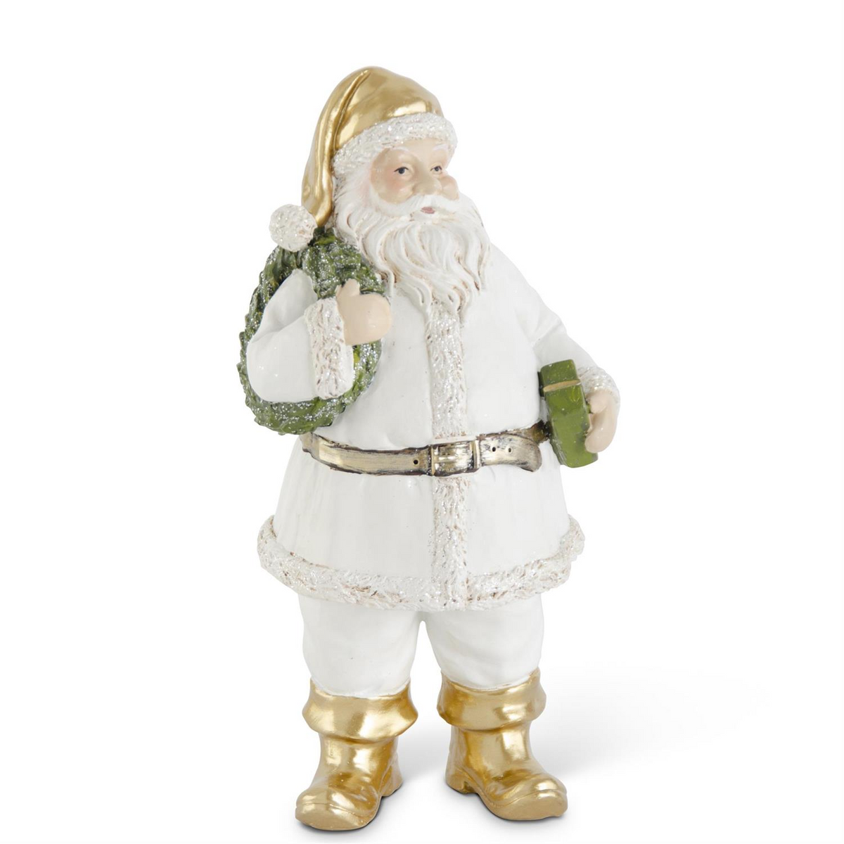 9-inch white and gold resin Santa figurine holding a green wreath and a small package.