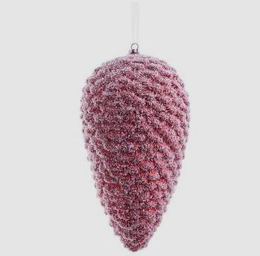 10-inch red and white flocked pine cone Christmas ornament with a hanging loop.
