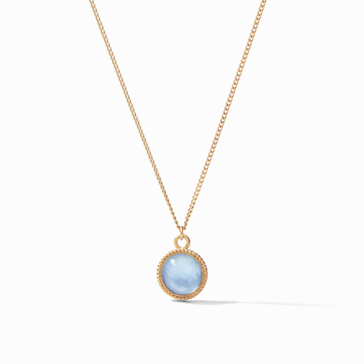Fleur-De-Lis Solitaire Necklace featuring a round blue glass pendant on a 24K gold plated chain.