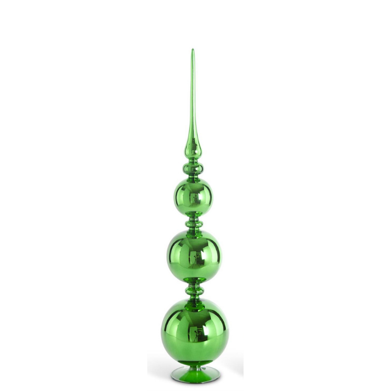 Handcrafted green glass finial with three stacked reflective spheres and a tall tapered point.