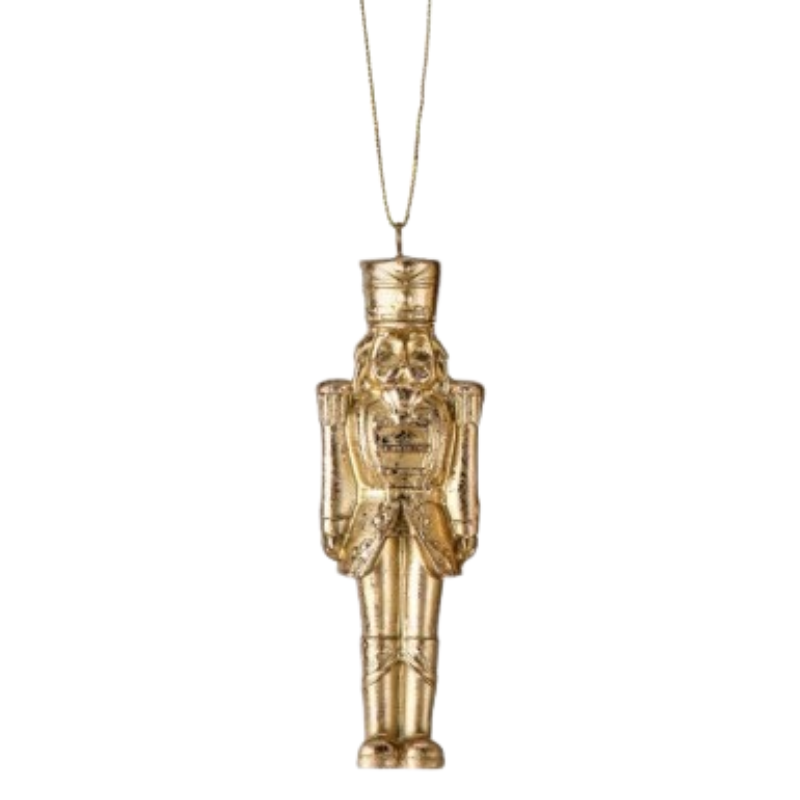 4-inch gold resin gilded nutcracker Christmas ornament with a hanging string.